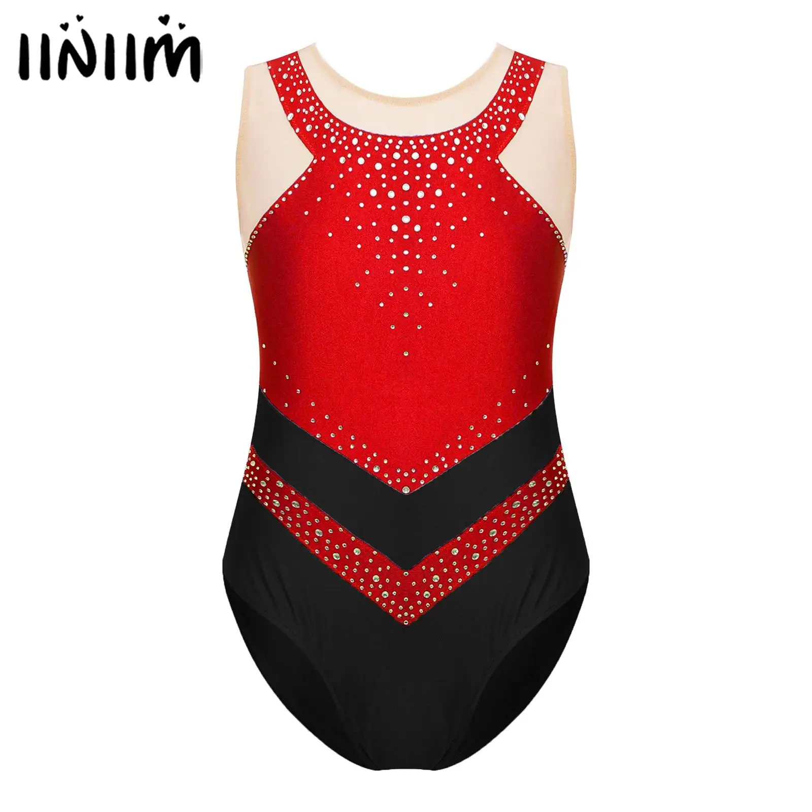 

Kids Girls Sparkling Rhinestones Figure Skating Sheer Mesh Bodysuit Rhythmic Gymnastics Ballet Dance Performance Leotard Costume