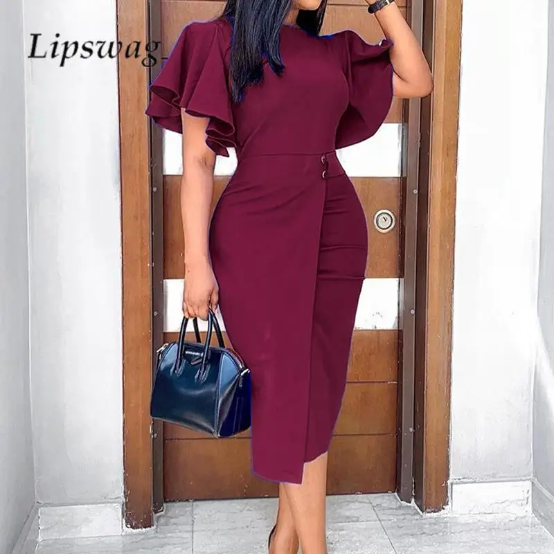 

Summer Women Ruffles Sleeve Midi Dress Elegant O Neck Office Ladies Dress Fashion Solid Color Slim Waisted Hip Wrap Split Dress