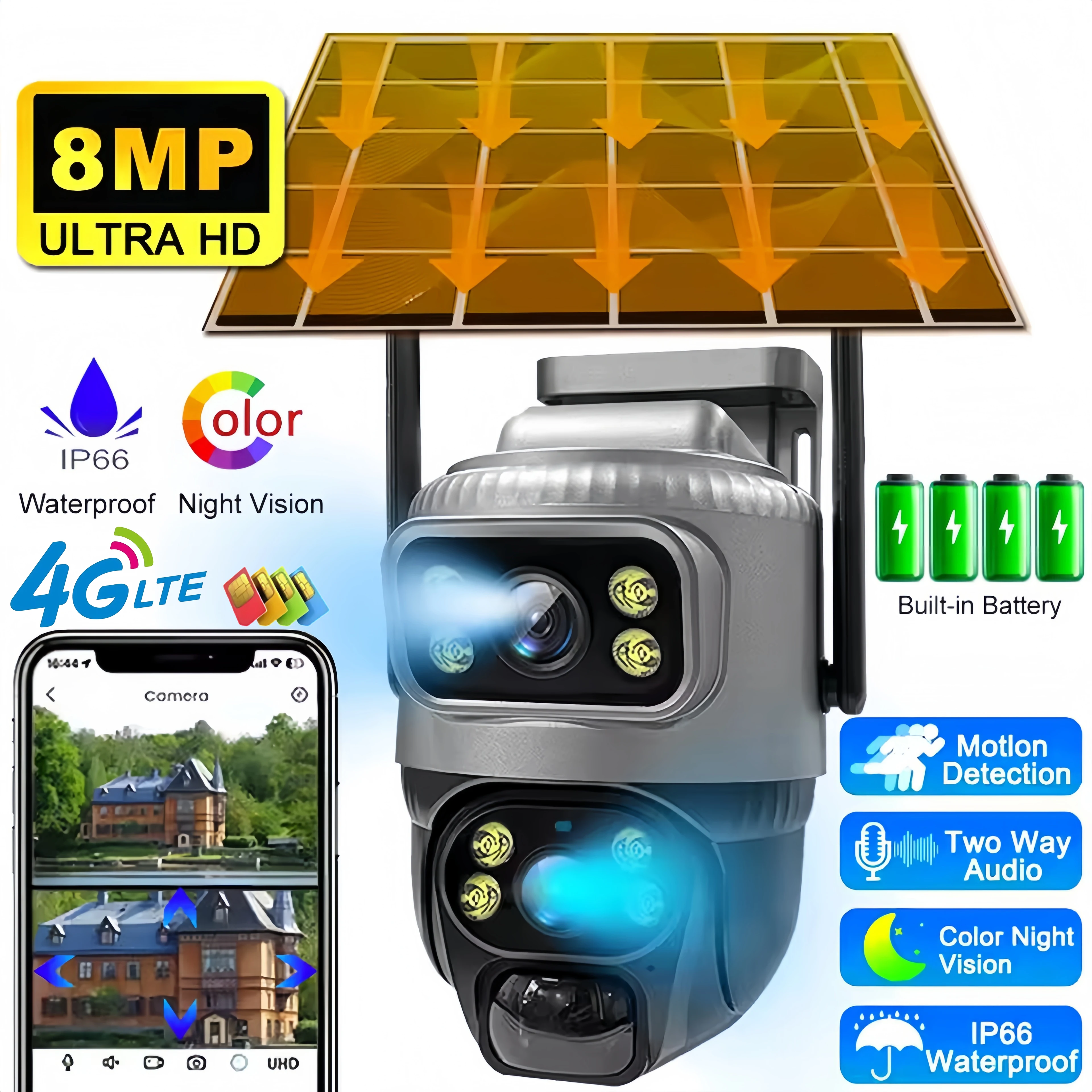 Caméra IP V380 à double objectif 4G SIM 8MP 4K, étanche, surveillance extérieure, moniteur de surveillance pour maison intelligente, vision nocturne, protection de sécurité CCTV, caméra de surveillance WiFi alimentée par batterie rechargeable, rotation horizontale et verticale à 355 degrés, rotation à 90 degrés 1 Caméra IP V380 à double objectif 4G SIM 8MP 4K, étanche, surveillance extérieure, moniteur de surveillance pour maison intelligente, vision nocturne, protection de sécurité CCTV, caméra de surveillance WiFi alimentée par batterie rechargeable, rotation horizontale et verticale à 355 degrés, rotation à 90 degrés 1