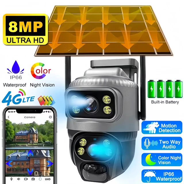 Caméra IP V380 à double objectif 4G SIM 8MP 4K, étanche, surveillance extérieure, moniteur de surveillance pour maison intelligente, vision nocturne, protection de sécurité CCTV, caméra de surveillance WiFi alimentée par batterie rechargeable, rotation horizontale et verticale à 355 degrés, rotation à 90 degrés 1