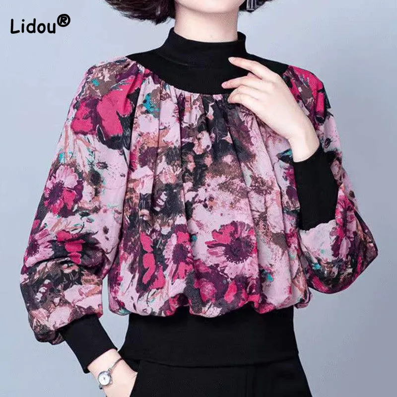 

Elegant Chic Printing Patchwork Tops Female Spring New Fashion Casual Half High Collar Long Sleeve T-shirt Women's Clothing