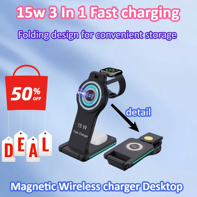 15W 3 in 1 Magnetic Wireless Charger Stand Transparent for IPhone 12 13 14 ProMax Apple Watch Airpods Fast Charging Dock Station