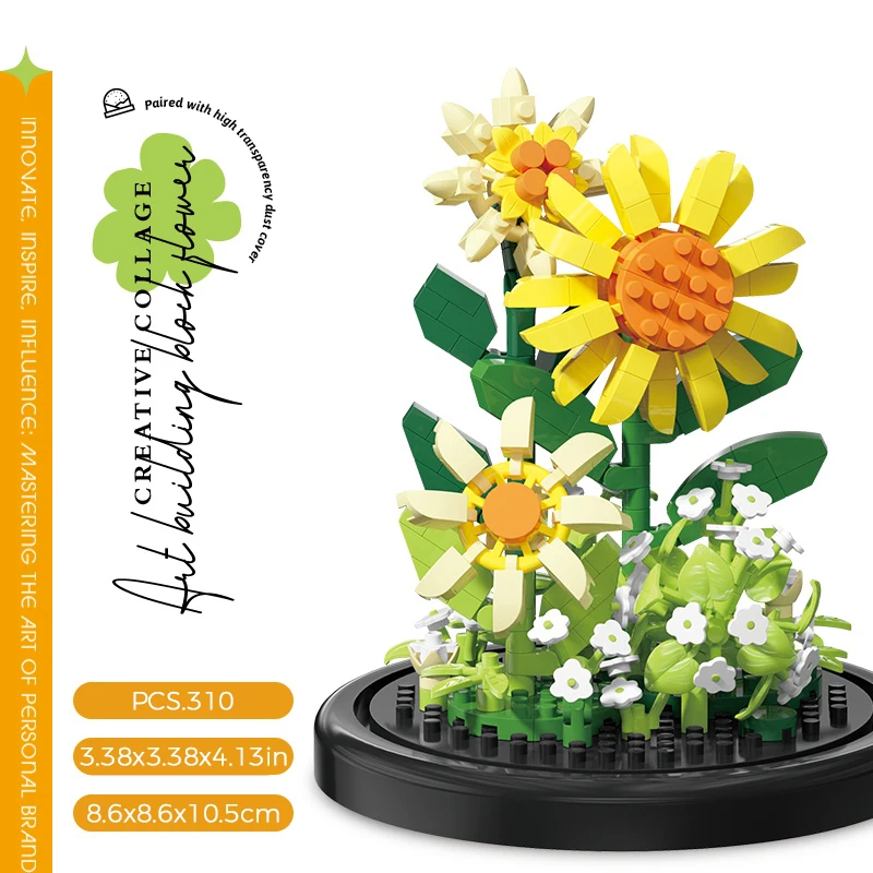 Micro particle building block bouquet handmade gift, children's puzzle toy handmade DIY sunflower desktop decoration ornament 3