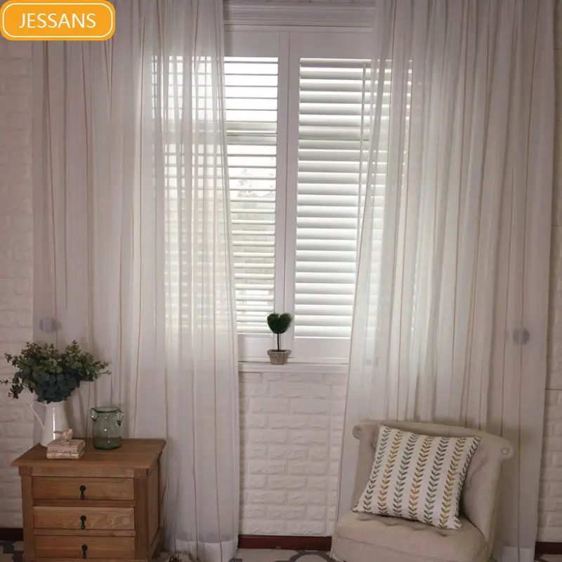 

Milky white striped window gauze cotton gauze modern minimalist balcony gauze curtain Curtains for Living dining room bedroom