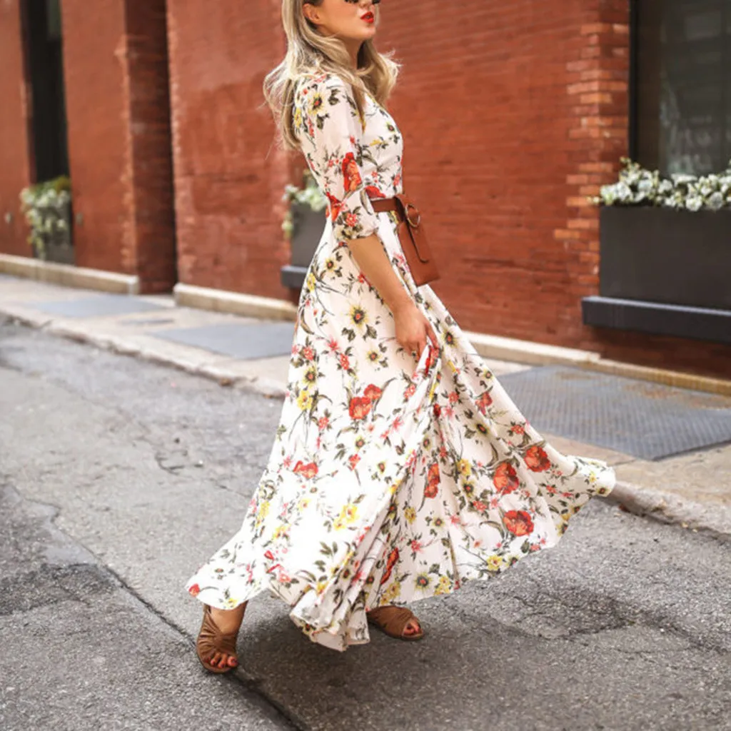 

Summer Vintage A-Line Chiffon Floral Print Maxi Dress Office Lady Fashion Elegant Half Sleeve O-Neck Dresses For Women 2024