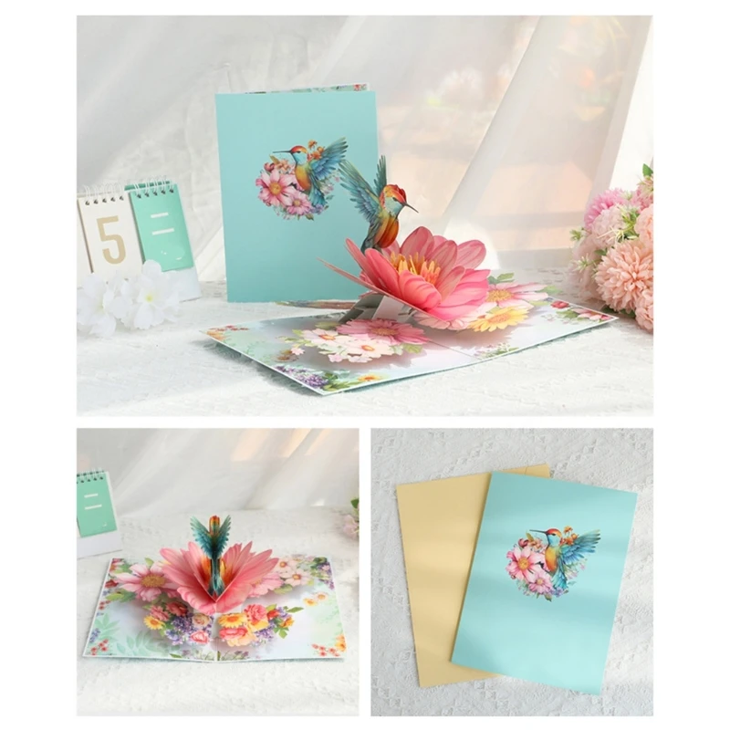 Greeting cards Unique 3D Popup Present Card with Hummingbird and Flowers Handmade