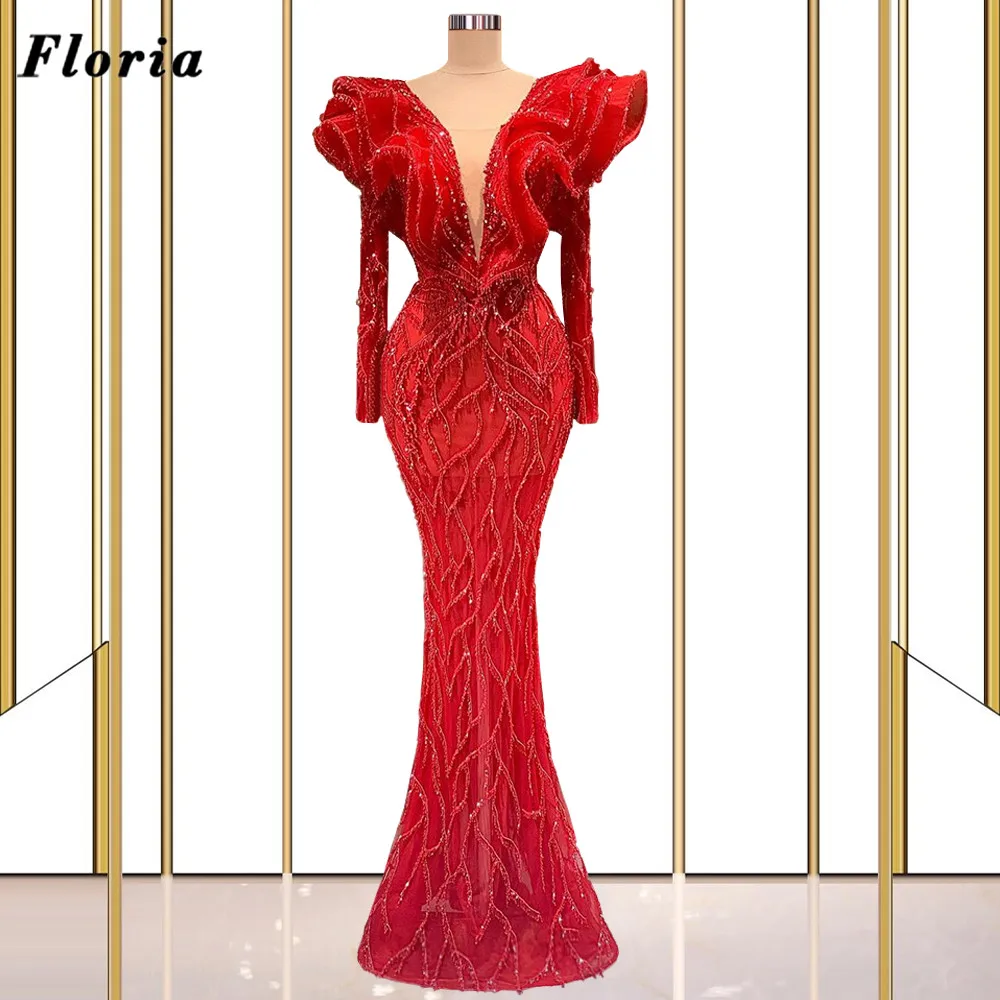 

Floria Red Long Evening Dresses With V Neck Beading Fabric Couture Prom Dress 2022 Arabic Women Party Gowns Vestidos De Fiesta