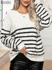 ZANZEA 2025 FW Casual Loose Knitted Sweaters for Women Long Sleeve Diamond-shaped Texture Black Stripes Pullovers Woman Clothes