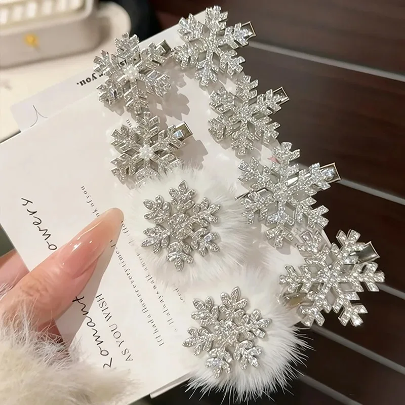 Christmas Sweet Shiny Rhinestone Snowflake HairPins Plush Snowflake Duckbill Hair Clips for Women Girls Fashion Hair Accessories