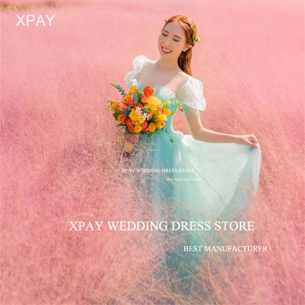 

XPAY Sweetheart Korea Evening Dresses Short Sleeves Lake Green Formal Gown Photos Shoot Backless Custom Made Floor Playing Dress
