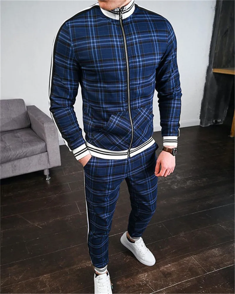 2022 New gyms Men's Sets 2 Pieces Sets Tracksuit Men's Jackets+Pants suit Sportwear Gentlemen Plaid Mens Sports Suit men Clothes mens set Men's Sets