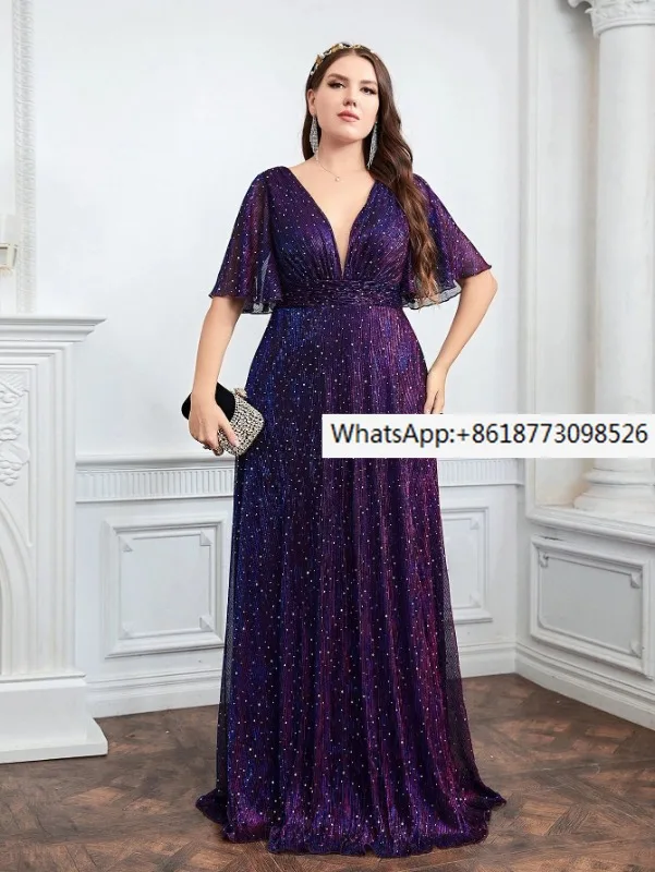 

Wedding Bridesmaid Dress For Plus Size Female Fashion Plunging Neck Butterfly Sleeve Glitter Party Dresses Large Size Lady Dress