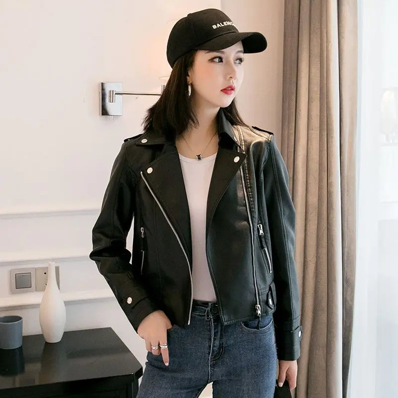 

Leather Jacket Women Lapel Biker Jacket Zipper Long Sleeve PU Leather Coat Streetwear Korean Chic Short Tops Lace-up Loose