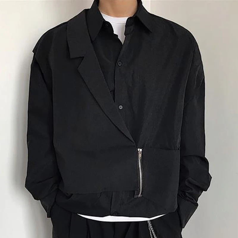 2023 Spring Autumn New Turn-down Collar Long Sleeve Button Shirt Man Fake Two Pieces Patchwork Zipper Contrast Color Y2K Tops