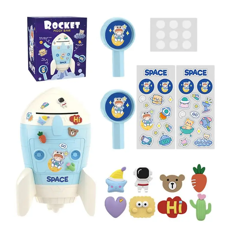 

Kids Coin Bank Rocket Shape Coin Box For Kids With Two Slots Lockable Desktop Ornaments With Double Keys Stickers For Boys Girls