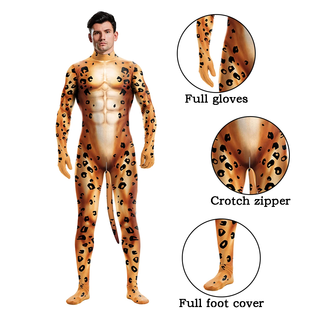 thumbnail image 1 of Trajes de Halloween de Zawaland Zentai con cola de animal Husky zorro lobo estampado Catsuit disfraces traje de cobertura completa Cosplay Petsuit, 1 of 5