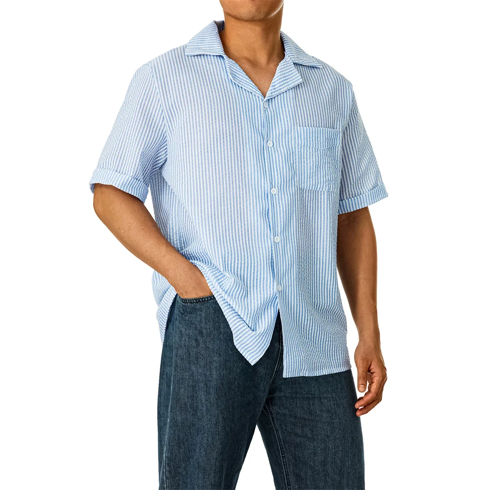 

Men Stripe Shirts 2023 New Casual Loose Turn-Down Collar Short Sleeve Blouses Summer Holiday Comfy Men's Shirts Clothing