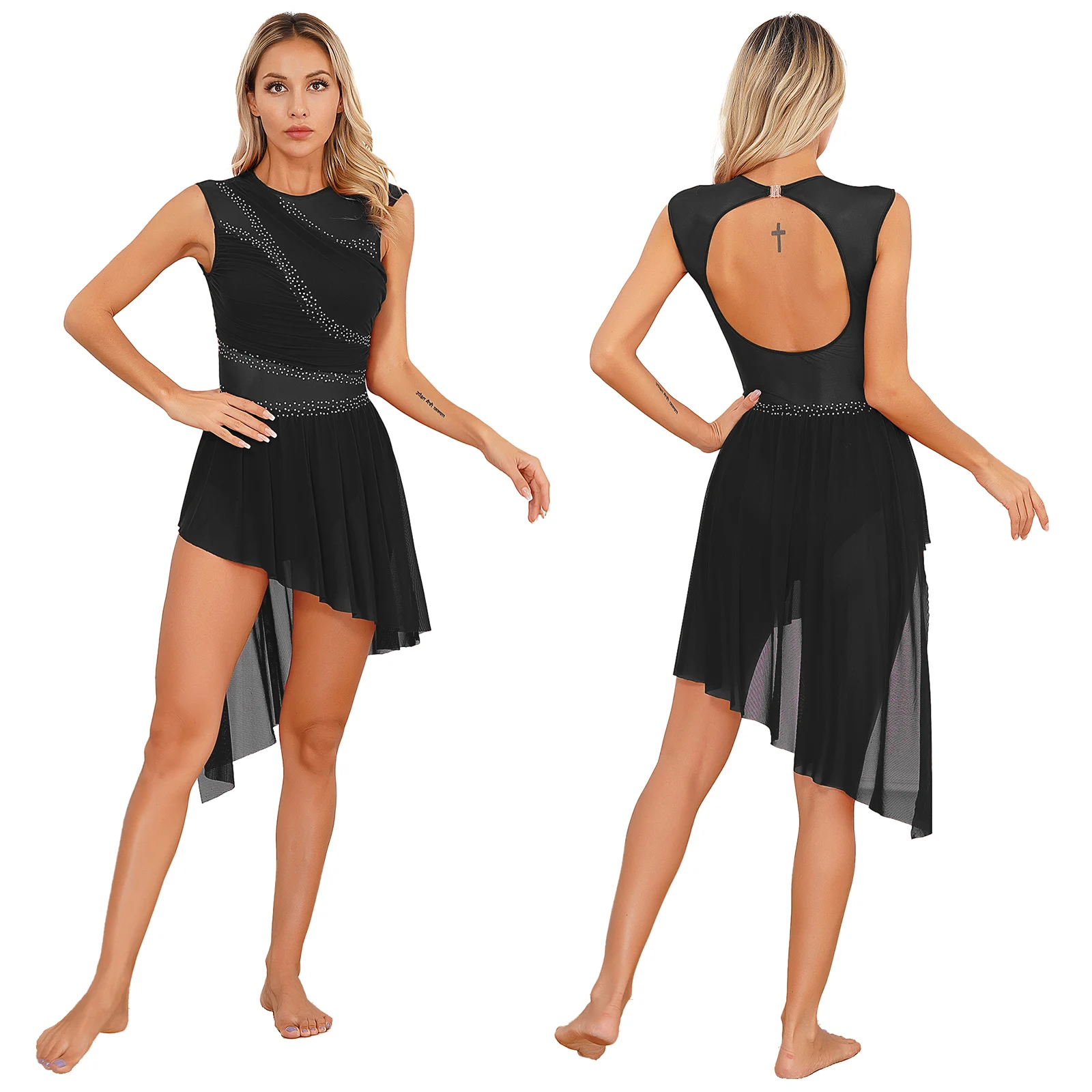 thumbnail image 1 of Mallas de gimnasia para mujer, ballet, danza, patinaje artístico, vestido de malla transparente con brillantes y diamantes de imitación, tutú de bailarina para adultos, ropa de baile, 1 of 5