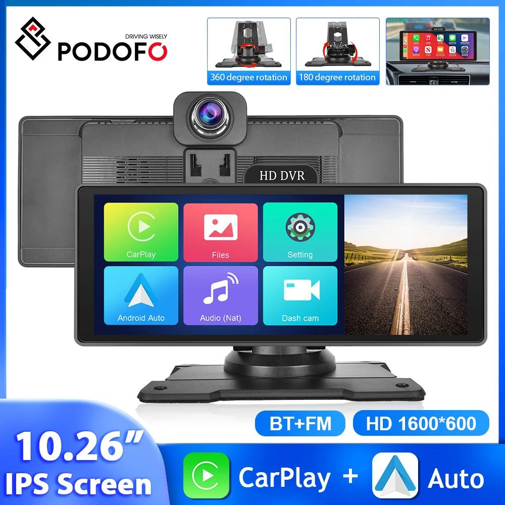 

Podofo 10.26'' Car Monitor DVR Carplay Android Auto Dashboard Dash Cam Driving Recorder With Front Camera GPS Bluetooth FM WIFI