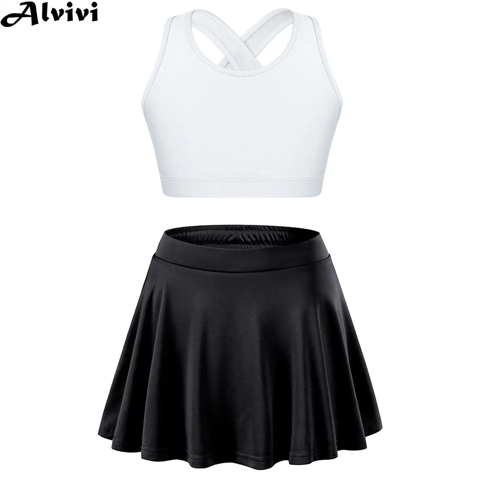 Kids Girls Sports Set Breathable Sportswear Sleeveless Criss Cross Crop Top with Pleated Skirt for Tennis Badminton Fitness