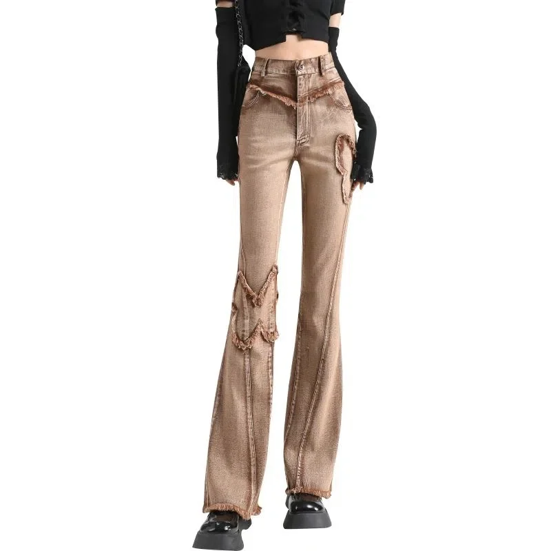 

Новые модные женские джинсы, Осень-зима, винтажные необработанные джинсовые брюки-клеш с дырками, эластичные повседневные женские брюки в стиле пэчворк