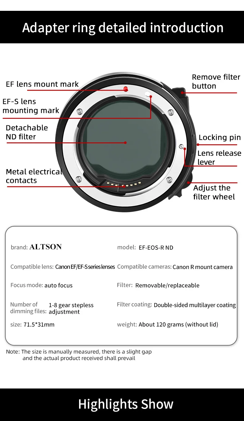 Filtro Escurecimento ND, Canon EF e EF-S Mount, EF para Adaptador RF