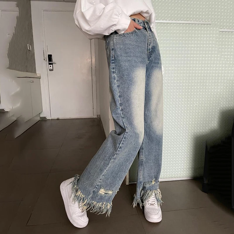 

Lucyever Vintage Blue Hole Women's Jeans Ins High Street Tassel Loose Wide Leg Pants Women Casual Button Straight Denim Trousers