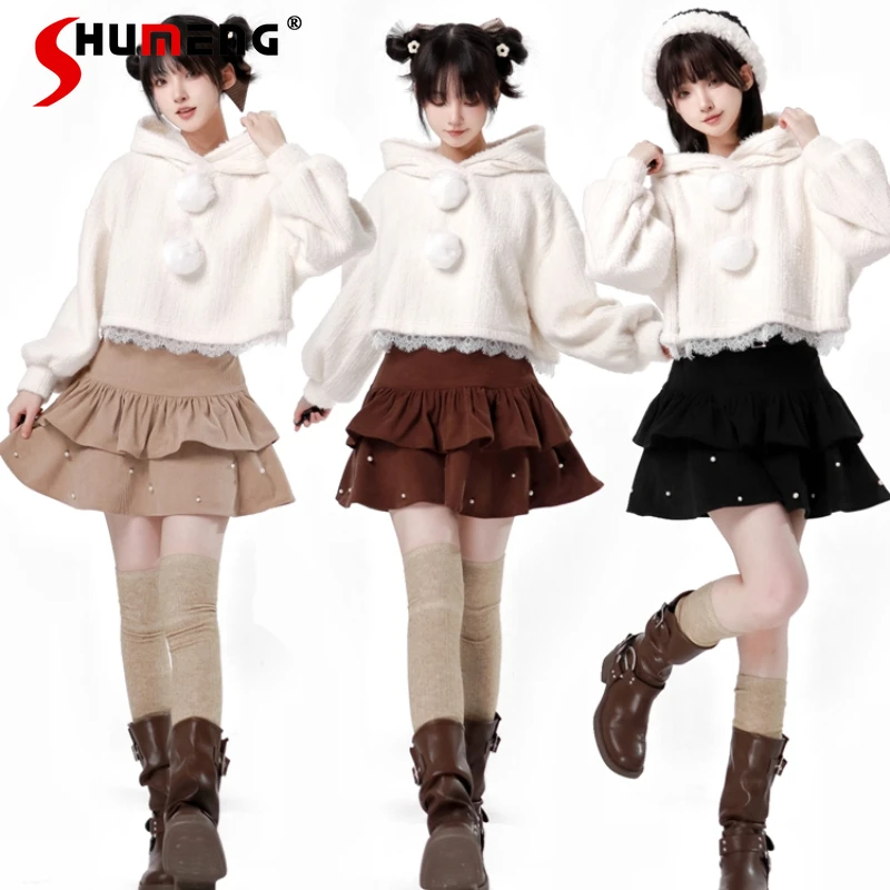 Preppy Style Three-Color Autumn And Winter Mini Skirt Thickened Pearl Decoration Belt Cake Skirts Trousers Women's Y2k Clothes kawaii pure cotton 4 piece set pooh bear mickey minnie lotso furniture bedding bedroom three piece room decoration quilt cover