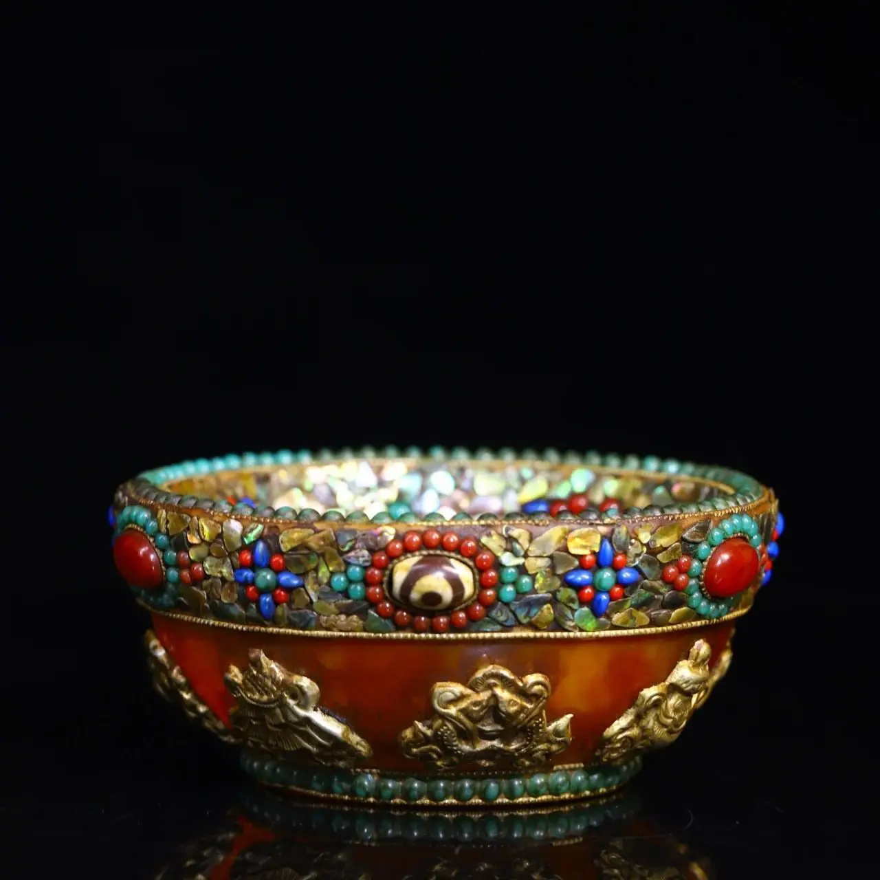 

5"Tibetan Temple Collection Old Beeswax Mosaic Gem gZi Beads Shell Eight Treasure Bowls Buddha Bowl Worship Hall Town house