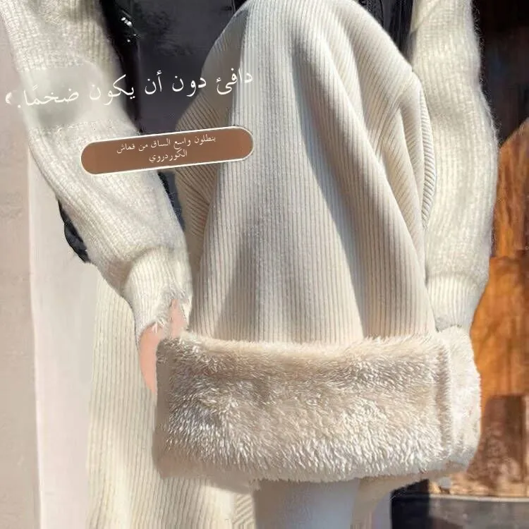 بنطلون نسائي واسع الساق من القطيفة المخملية السميكة، سروال كاجوال للخريف والشتاء، تصميم عصري بخصر مرتفع من ألياف البوليستر، د...