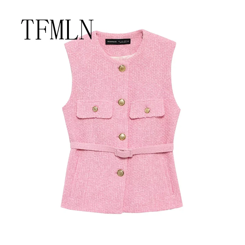 TFMLN New Spring Women Fashion Texture Vest Top With Belt O-Neck Sleeveless Pockets Decoration Casual Slim Waistcoat Tops