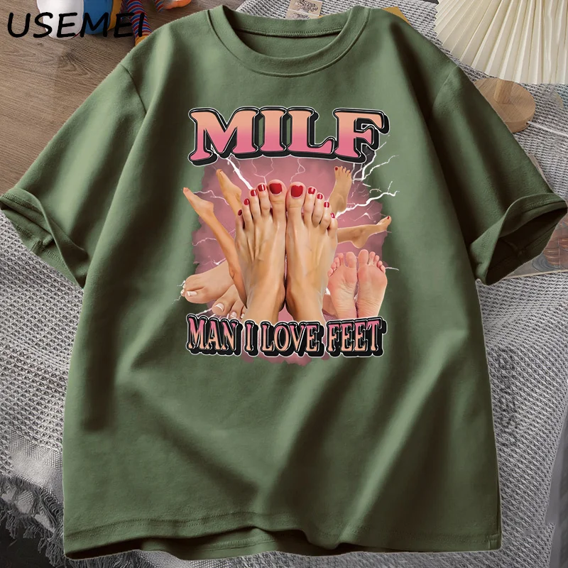 Men's Adult Humor Graphic T-Shirt - MILF Man I Love Feet - Funny Gag Tee, Round Neck, Short Sleeve, Casual Loose Streetwear
