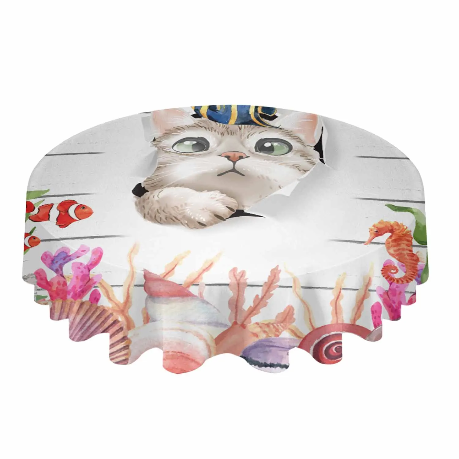 

Cat Ocean Jellyfish Coral Starfish Round Tablecloth Waterproof Wedding Banquet Table Cover Dining Decorative Tablecloth