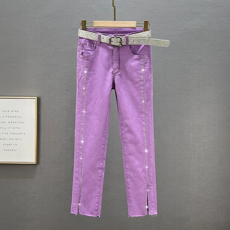

Heavy Rhinestones Jeans Women 2022 Spring Summer New Purple Pants Stretchy High Waist Slimming Split Cropped Straight Trousers