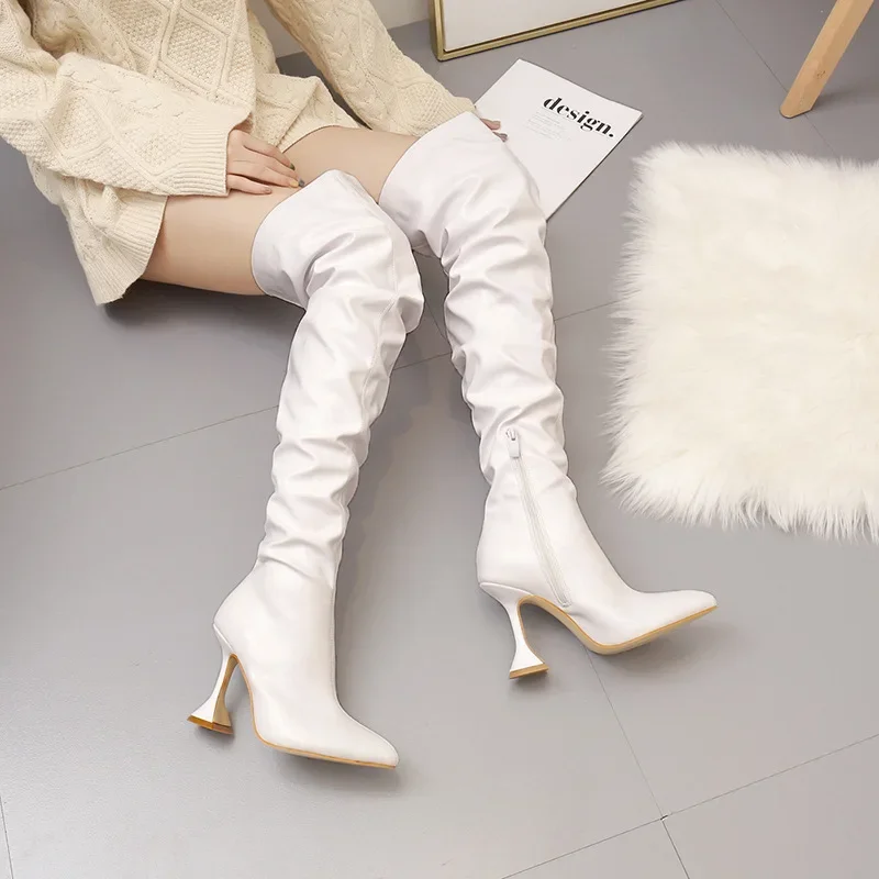 

Winter Leather Boots Women Stiletto Pointed Toe White Heeled Knee Boots Wine Glass Heel Side zipper Thigh Gigh Booties