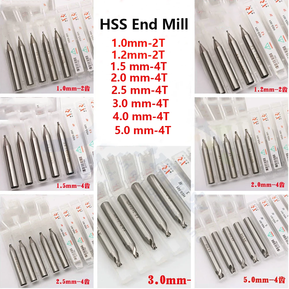 

High Speed Steel HSS Hardened Twist Drill End Mill 1.0 1.2mm 2 Tooth 1.5 2.0 2.5 3.0 4.0 5.0MM 4 Tooth End Milling Cutters