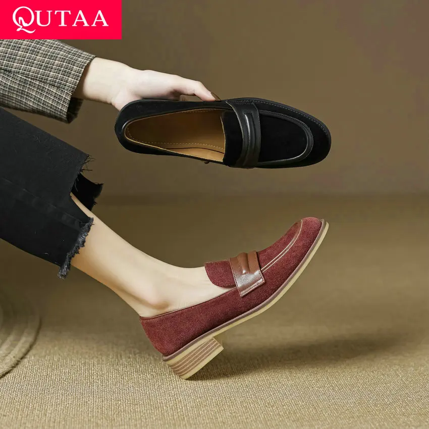 

QUTAA 2023 Classic Women Pumps Genuine Leather Office Dress Low Heels Elegant Shoes Woman Round Toe Spring Summer Size 34-40
