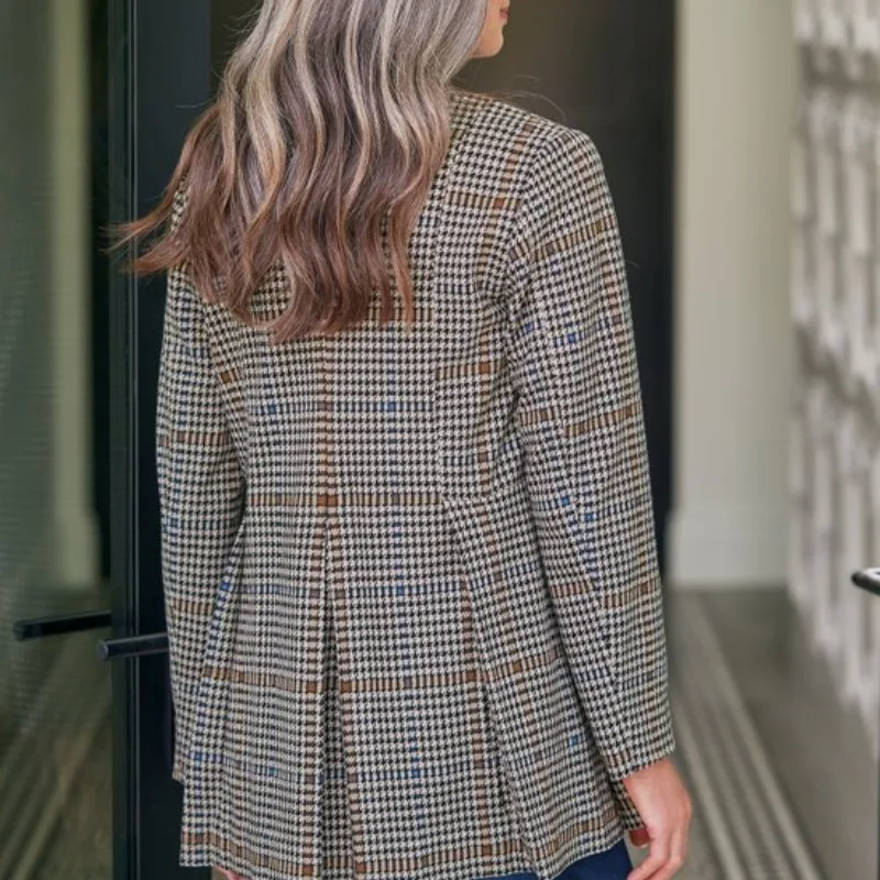 2023 Autumn and Winter Women's Suit Collar Button Pockets Plaid Loose Cardigan Fashion Casual Elegant Commuter Long Sleeve Coat