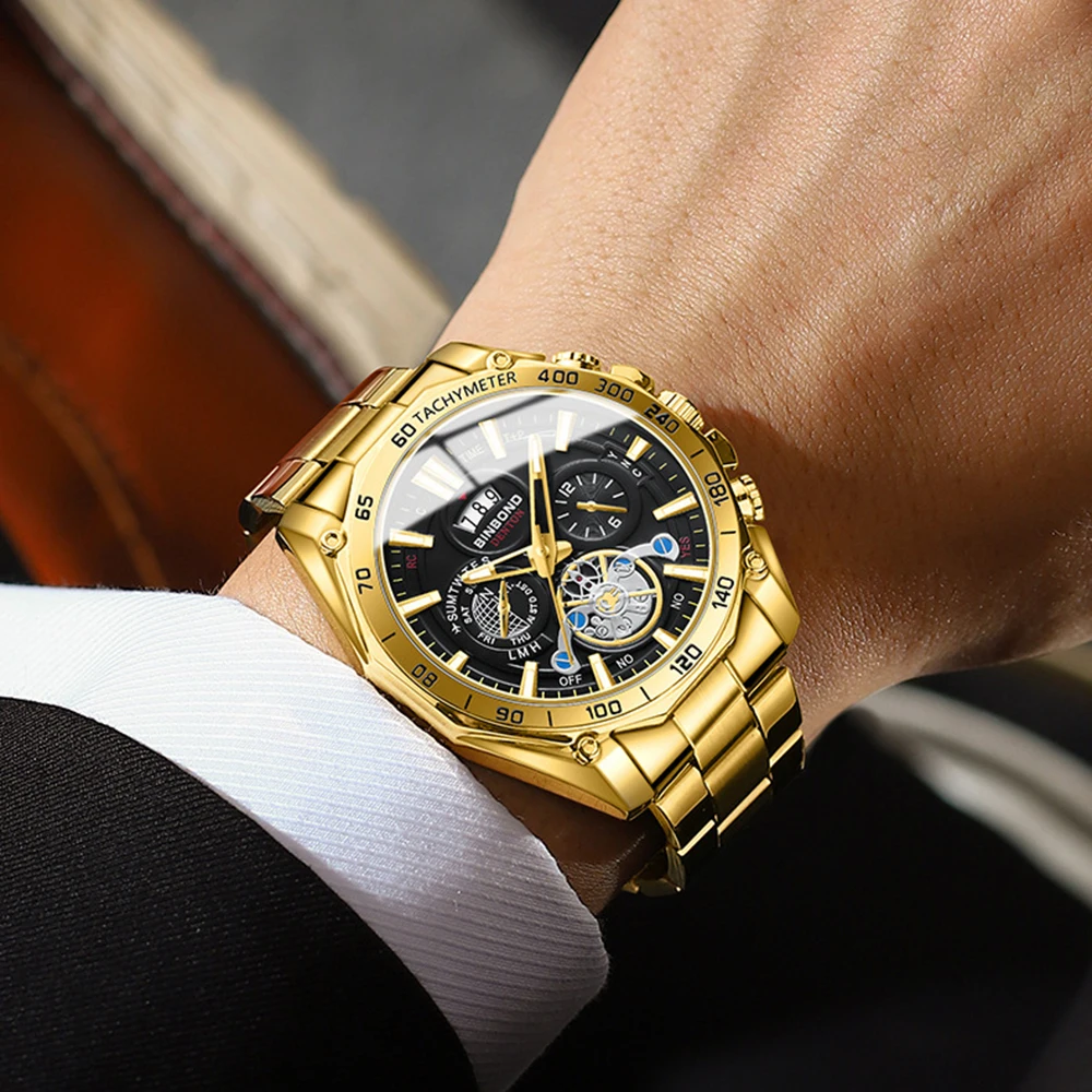 Free Shipping Gold Quartz Men's Watches Fashion Sports Wristwatch Date Luminous Male Clock Tourbillon Decoration Students' Watch