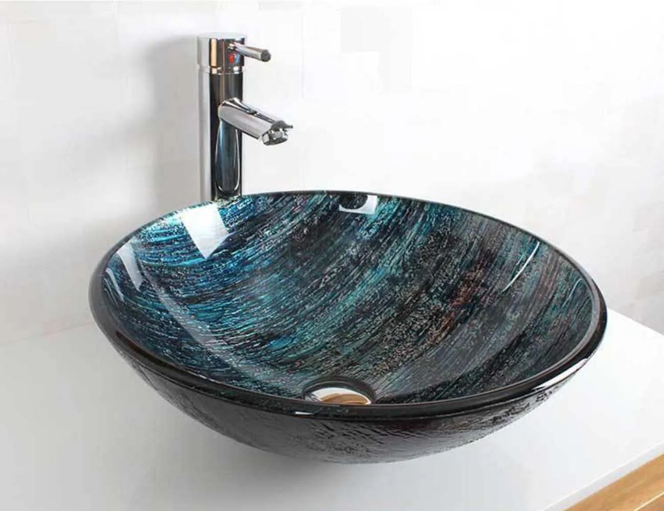

Bathroom Round Tempered Glass Sink Cloakroom Counter Hand Paint Top Washbasin BWY-1613