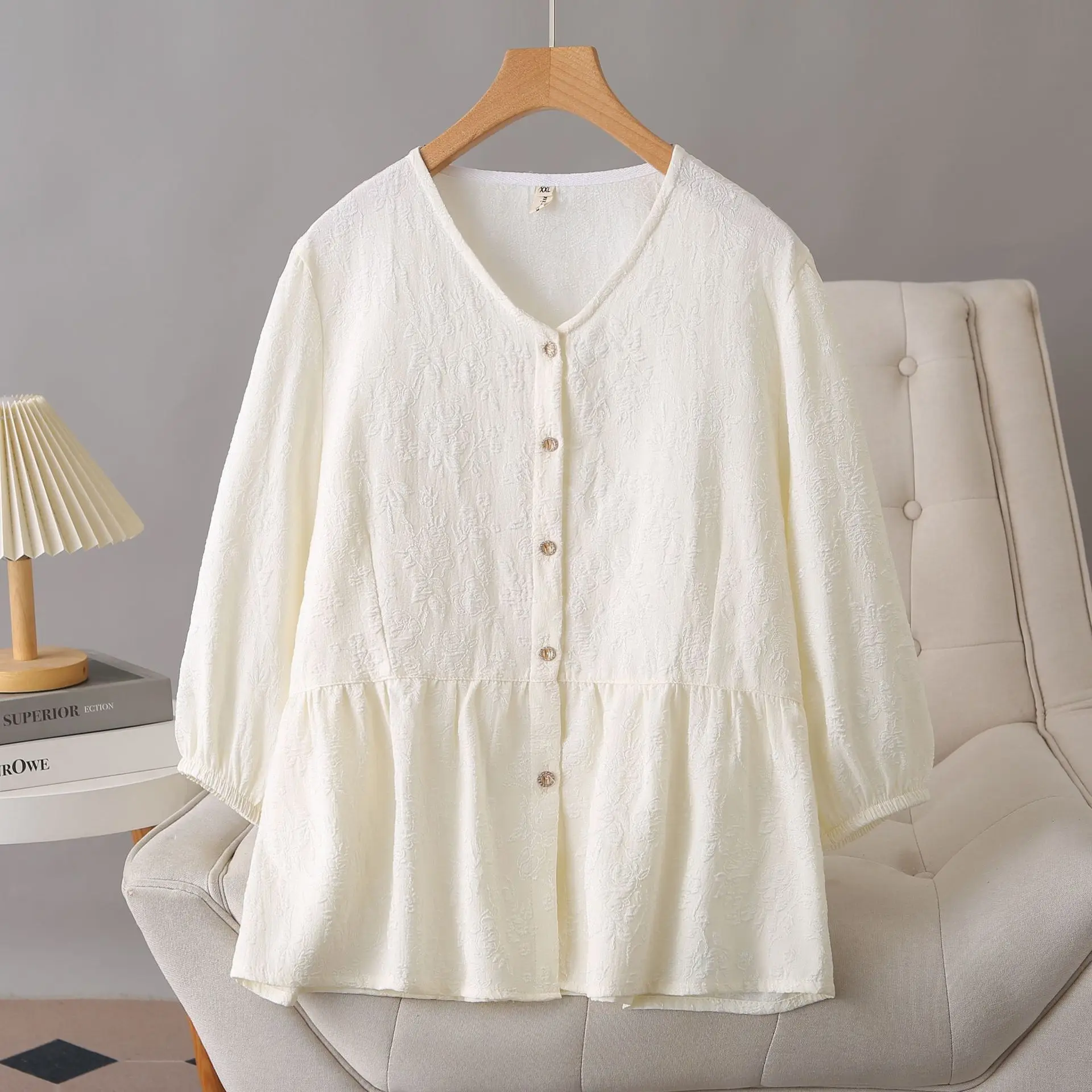 Plus Size Women's Blouses Autumn New Simple And Casual Jacquard Patchwork V-Neck Shirt 1200