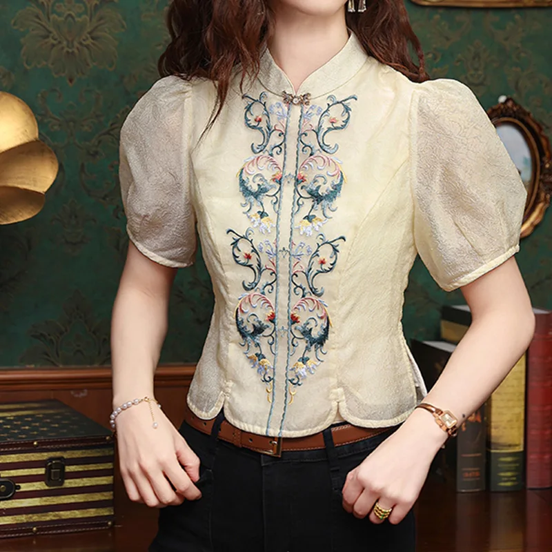 2024 New Summer Elegant Fashion Retro Loose Office Lady Women's Shirt Chinese Style Casual Turtleneck Short Sleeve Print Tops