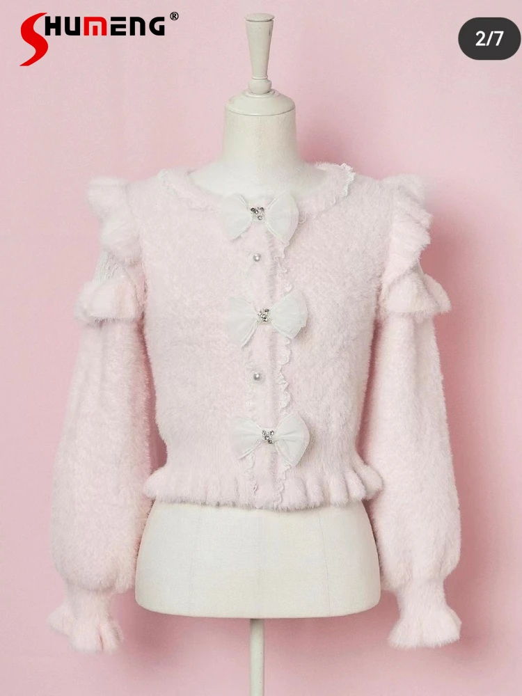 

Japanese Cute Girl Soft Glutinous Three Bowknot Thick Knitted Sweater 2023 Fall Winter New Sweet Pink Long Sleeve Knit Jumper
