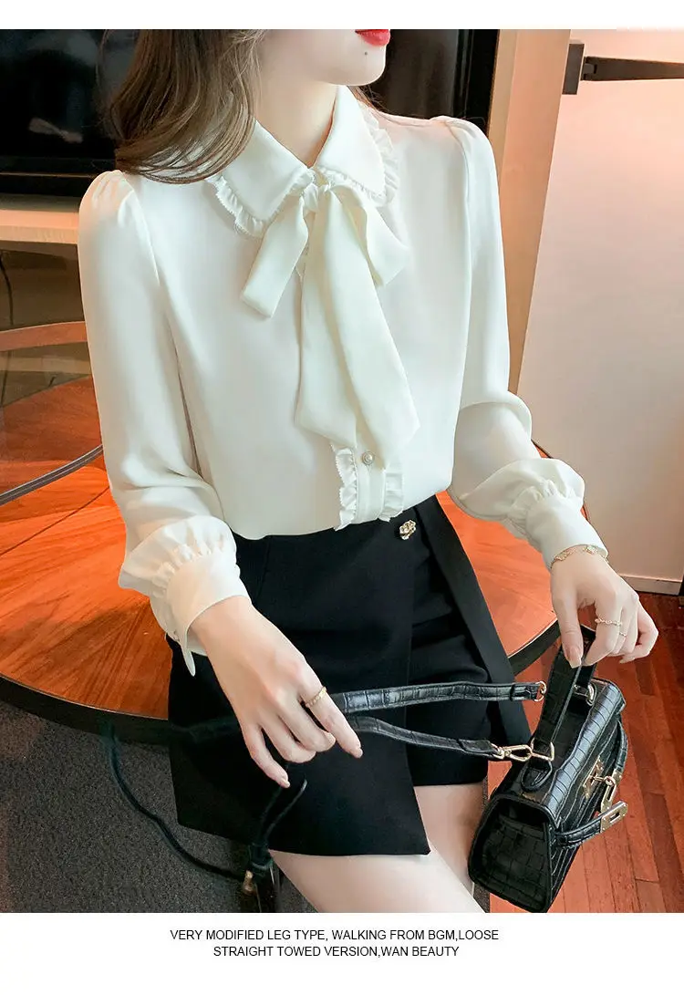 Bow Tie White Chiffon Shirt 2022 Spring Summer Korean Fashion Blouse Lace Elegant Long Sleeve Shirt for Female Casual Clothing