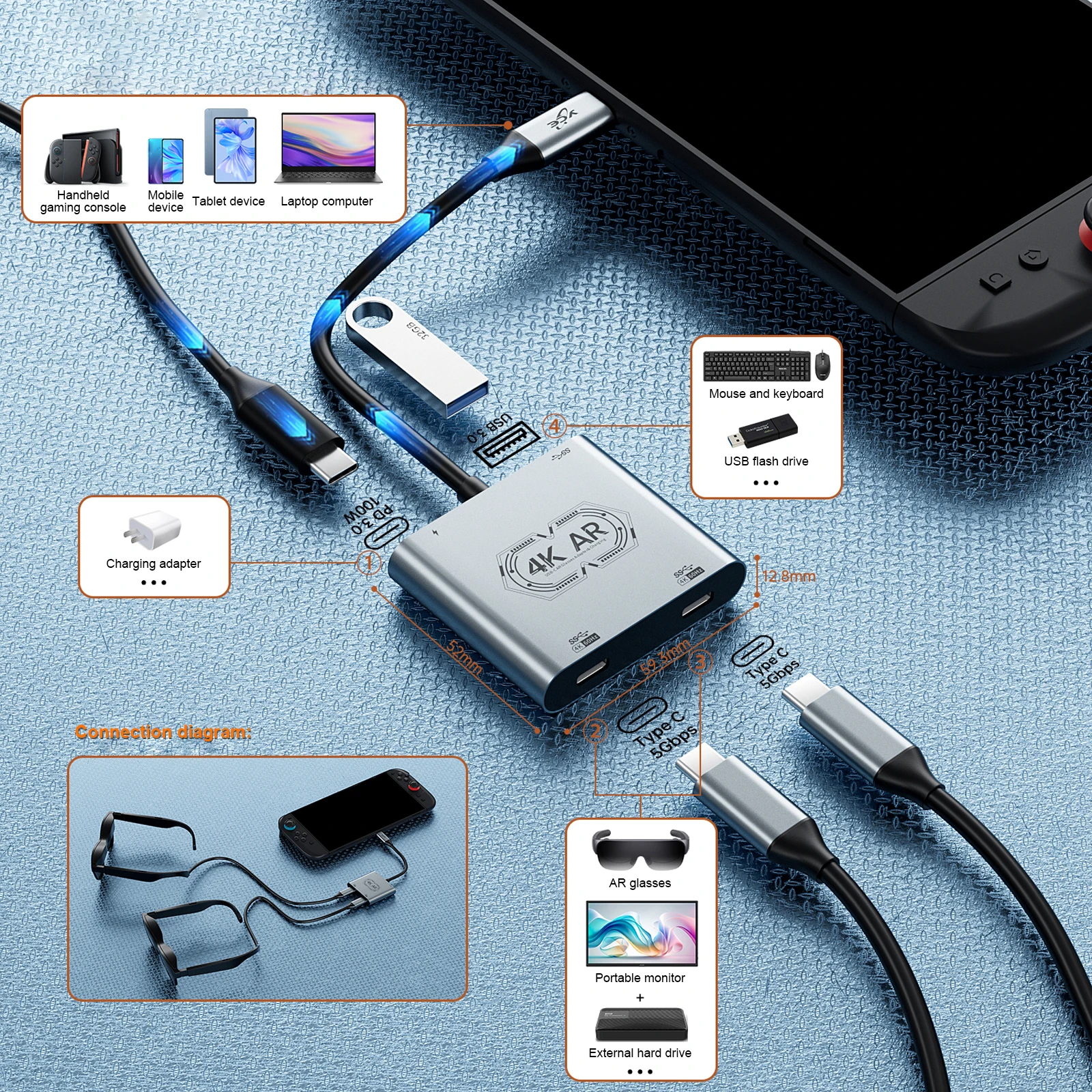 USB C-AR 안경 및 충전 어댑터 고속 USB C-듀얼 AR 안경 어댑터 스위치, 휴대폰, 노트북, 태블릿용 컴팩트 어댑터