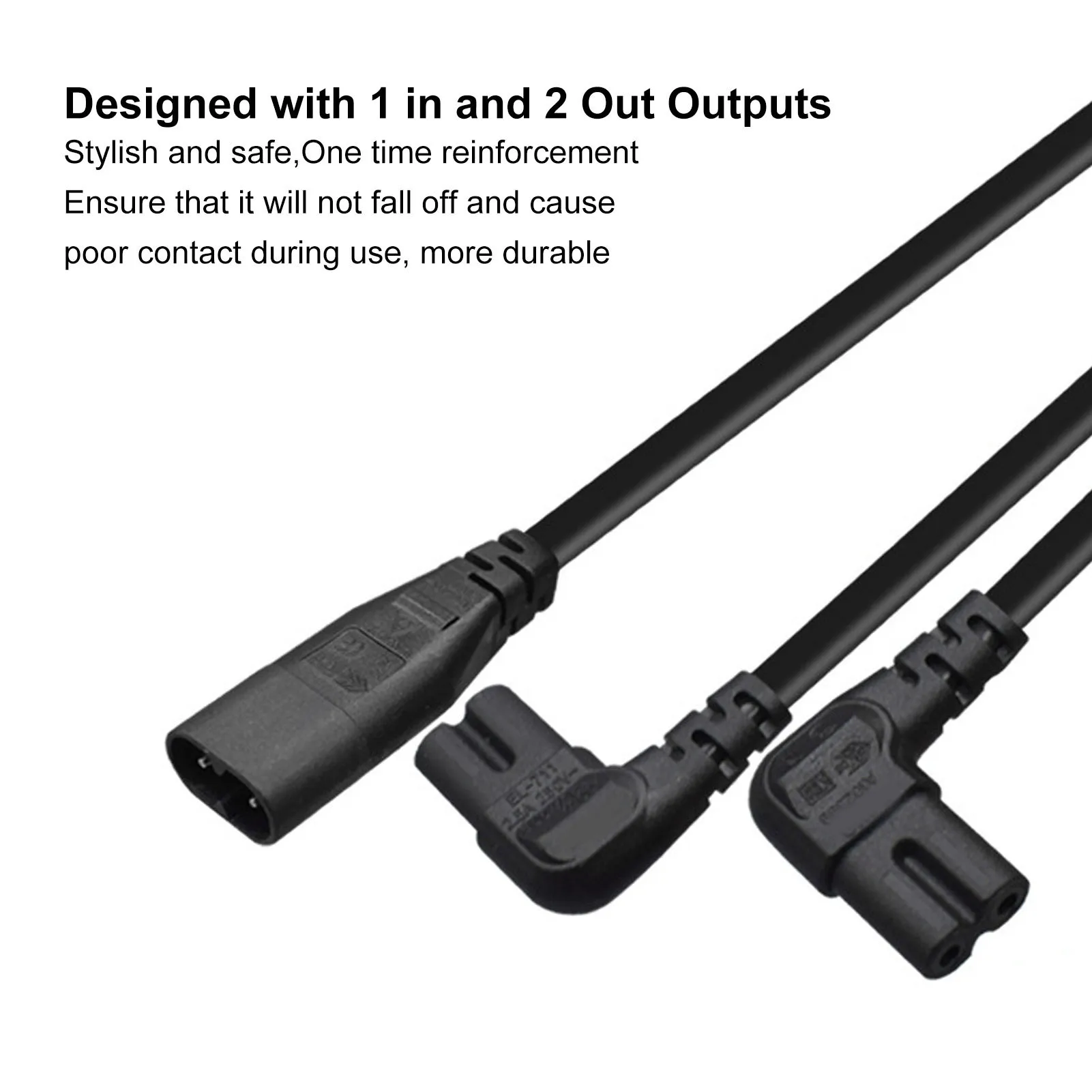 AC Power Splitter Cable Tensile Safe Waterproof 100‑250V 1 in 2 Out IEC320 C8 To Dual C7 Cord for LCD Monitor for Desk Lamp