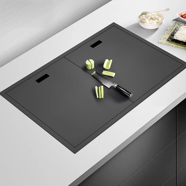 นาโนเมตรคู่ฝาครอบซ่อนอ่างล้างจาน304สแตนเลสสตีล3หลุมทำด้วยมือขนาดใหญ่ขนาด Kitchen Hidden ครีบ 1
