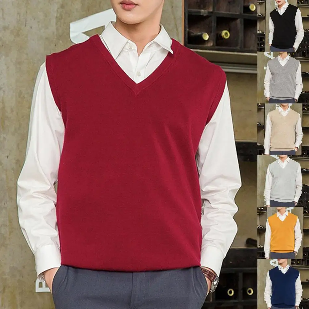 

Men's Autumn Winter Knitted Vest Sleeveless Loose Warm Sweater Vest Solid Color V-neck Pullover Waistcoat Bottoming Shirt Vest
