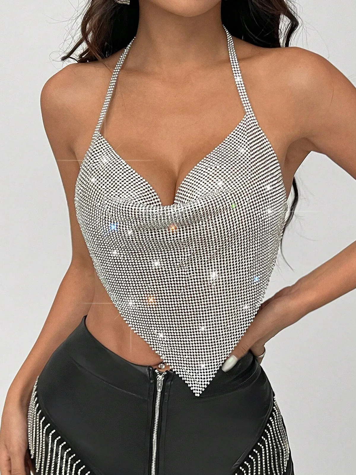 TAVIMART  -  Shiny Crystal Bowknot Hollow Mesh Short Top Sexy Lady New Birthday Party Crystal Top