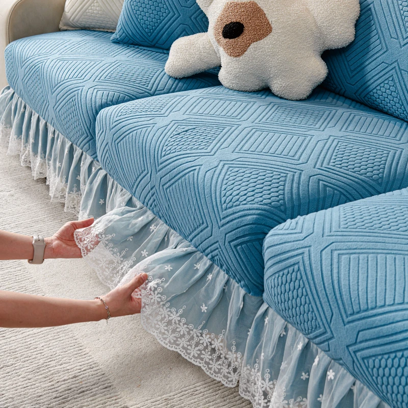 Fundas de cojín para sofá con dobladillo de encaje, estilo jacquard, para sala de estar, protector de muebles extraíble